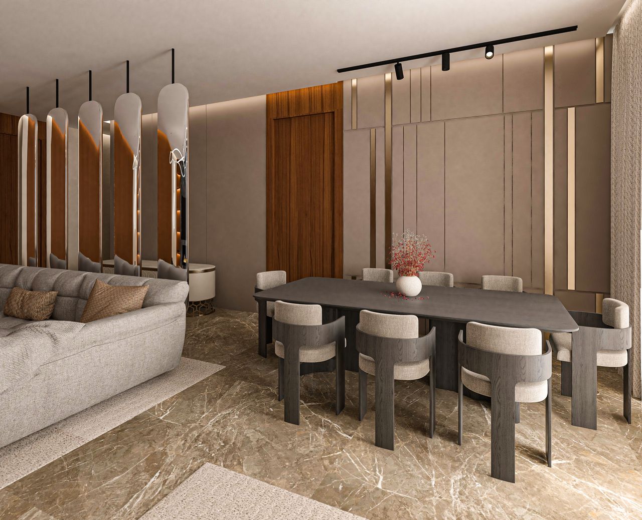 Elegant contemporary interior showcasing a luxurious dining area and cozy seating arrangement.